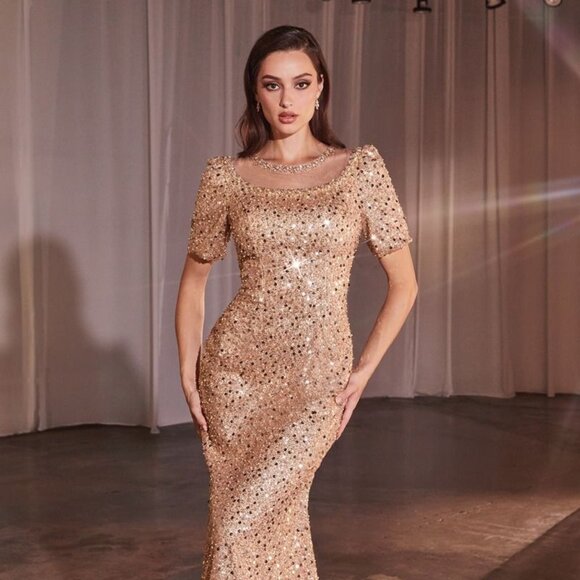 Cinderella Dresses & Skirts - NEW LONG FORMAL MERMAID SEQUINS EMBELLISHED MAXI SHORT SLEEVES DRESS CD CB151